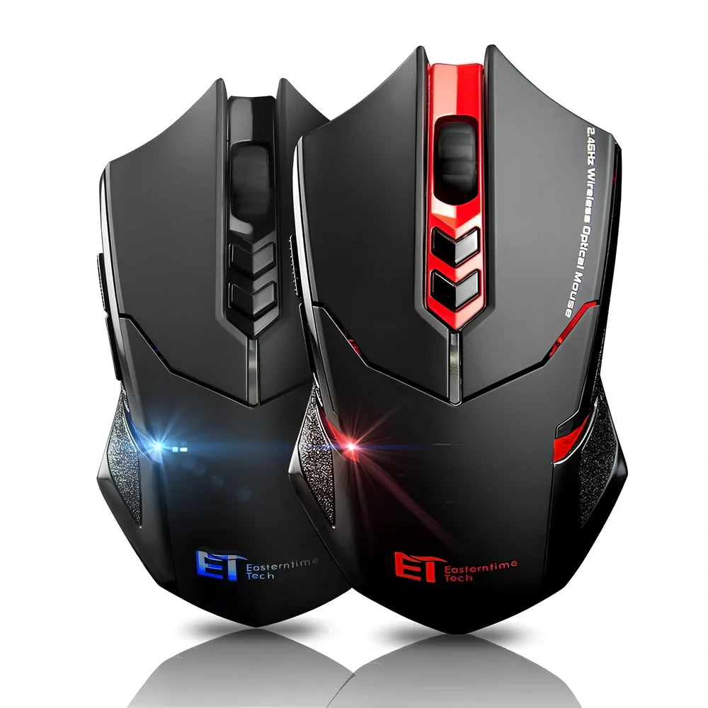 Blue wireless computer mouse with silent buttons and scroll wheel on wooden desk