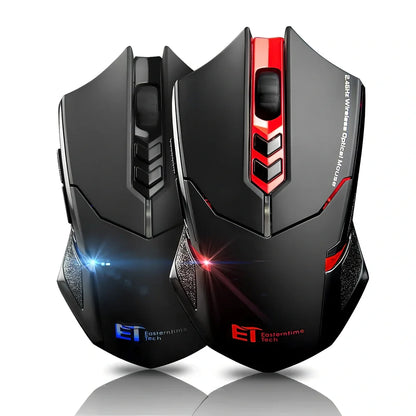 Blue wireless computer mouse with silent buttons and scroll wheel on wooden desk