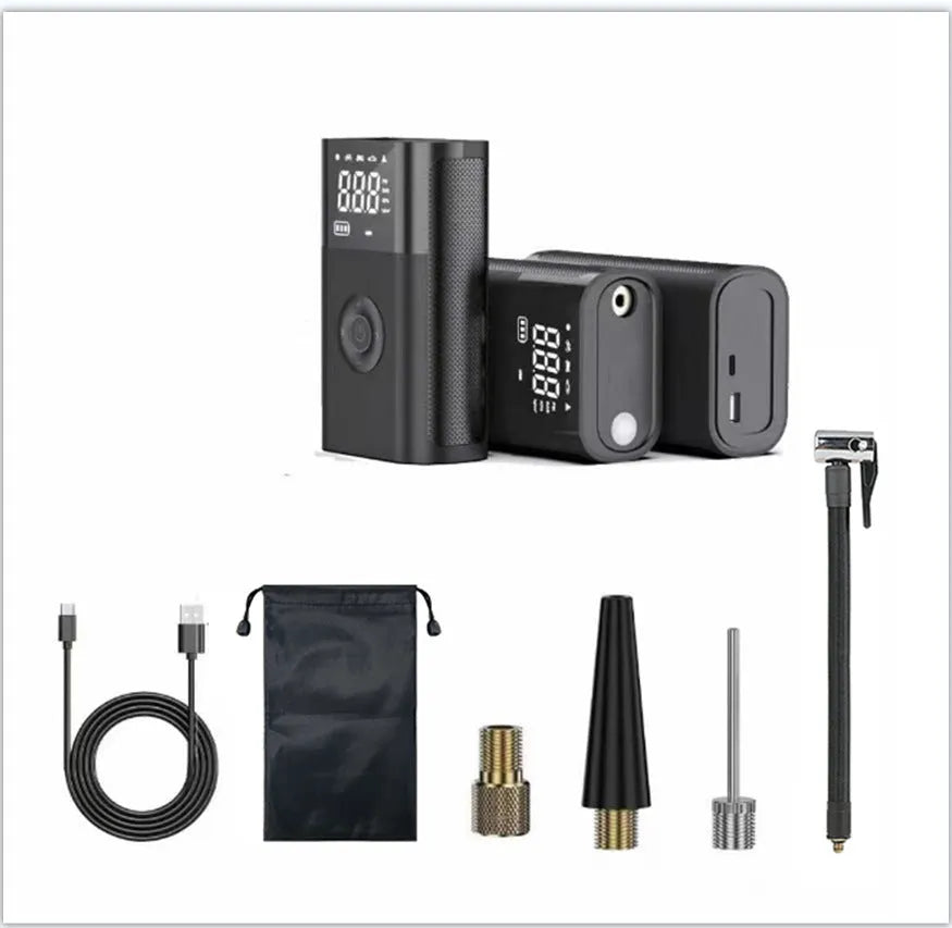 Handheld wireless digital tyre inflator with LCD screen and selection of nozzle adaptors.
