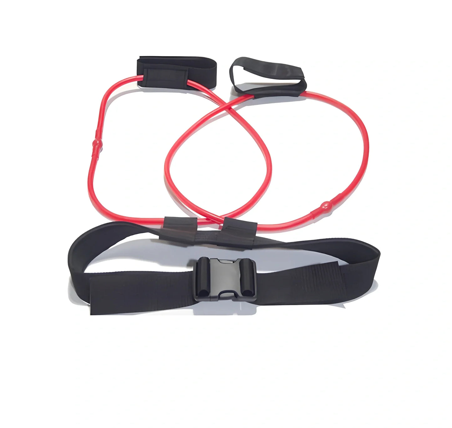 Women's adjustable waist resistance band with colour-coded latex tubes and pedal exerciser foot straps