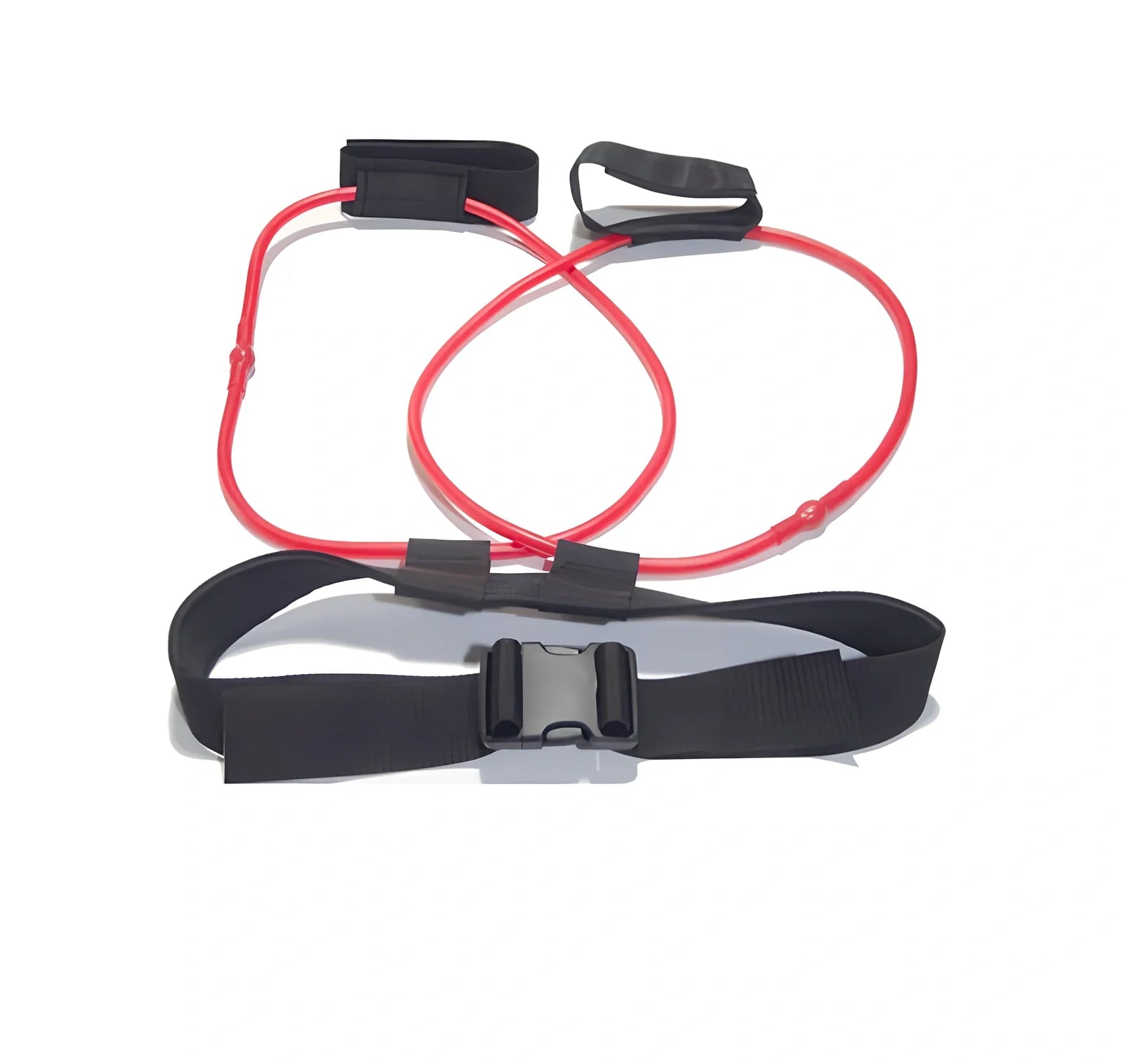 Women's adjustable waist resistance band with colour-coded latex tubes and pedal exerciser foot straps