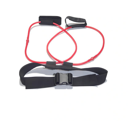 Women's adjustable waist resistance band with colour-coded latex tubes and pedal exerciser foot straps