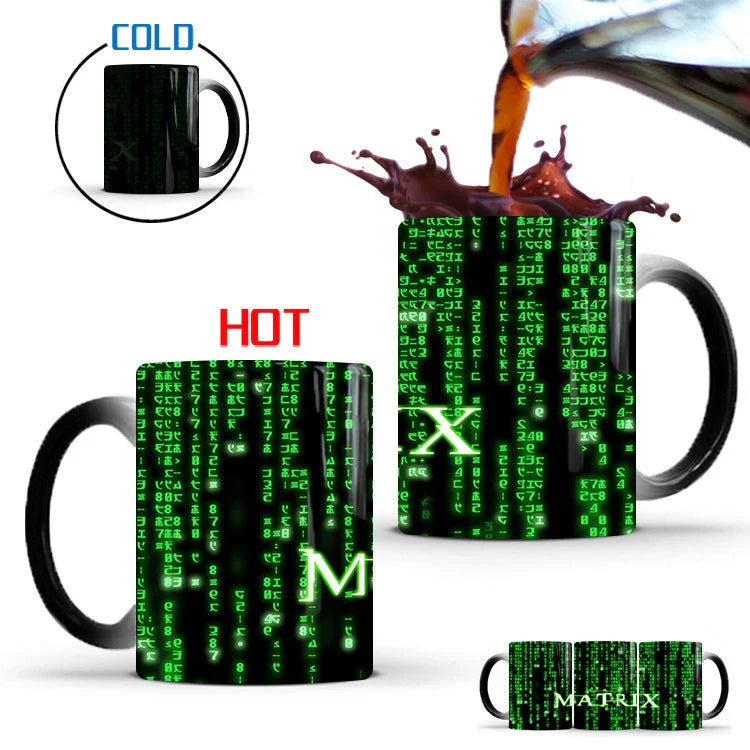 The Matrix-themed ceramic mug with colour-changing design, featuring the iconic imagery from the beloved sci-fi classic.