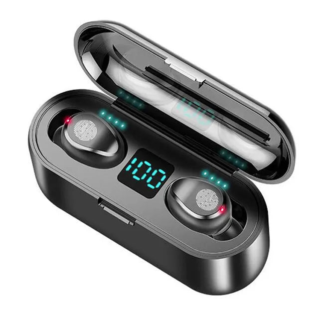 Black wireless Bluetooth headset with in-ear design showing Bluetooth 5.0 and 10m range features