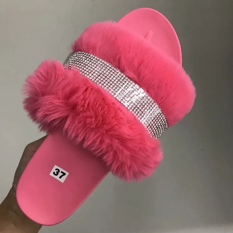 Women bling fluffy slippers with rhinestone hollow design, platform wedge heel, and non-slip rubber sole