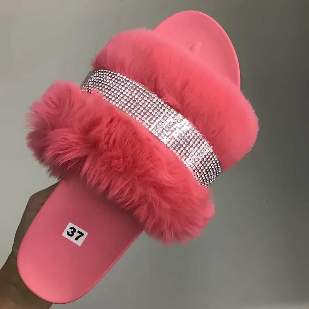 Women's bling reversible fur slide slippers in black with 6-8cm wedge heel, rhinestone accents, and non-slip sole