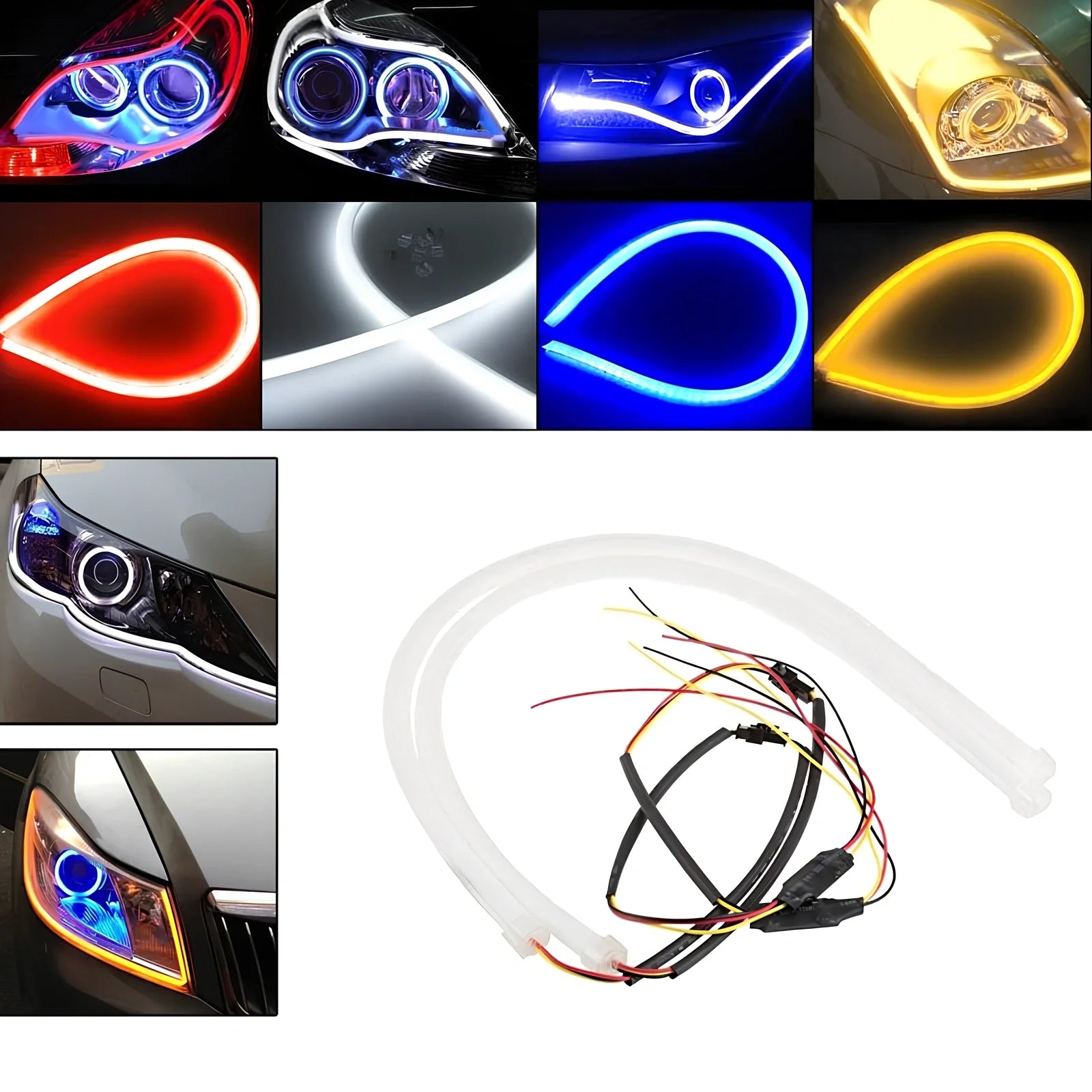 2-piece flexible 45cm LED angel eye DRL strips in white for car headlights, waterproof soft tube design