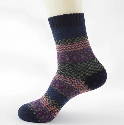 Pack of 5 thick stripe wool blend socks in various colours, featuring 15% rabbit hair for winter warmth, fitting sizes 39-42