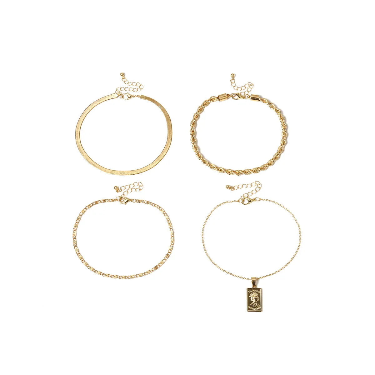 Golden geometric alloy electroplated anklet on white background