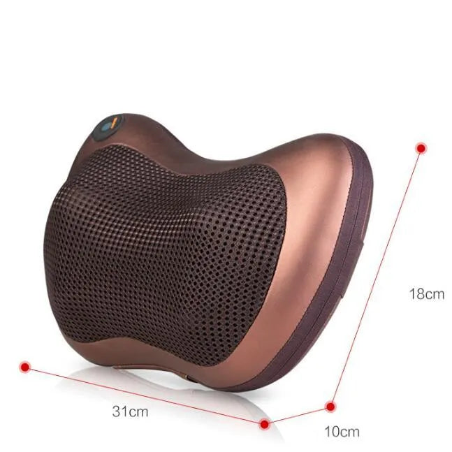 Electric infrared heating kneading massage pillow in black PU leather with shiatsu massage heads and car strap