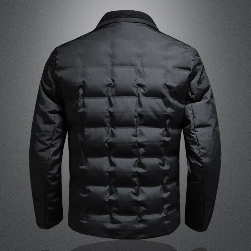 Men's black winter down jacket with white goose down filling, regular fit, 50cm length, polyester fibre shell
