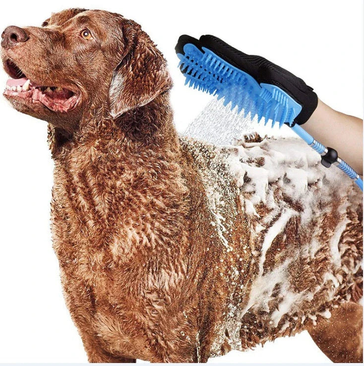 Blue handheld pet shower tool with massage gloves for dogs and cats
