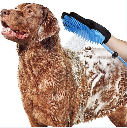 Blue handheld pet shower tool with massage gloves for dogs and cats