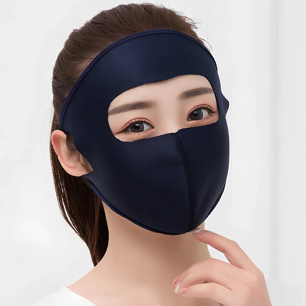 Breathable ice silk full face sun mask for women in navy blue, regular size, protecting eyes and skin from UV rays
