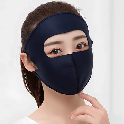 Breathable ice silk full face sun mask for women in navy blue, regular size, protecting eyes and skin from UV rays