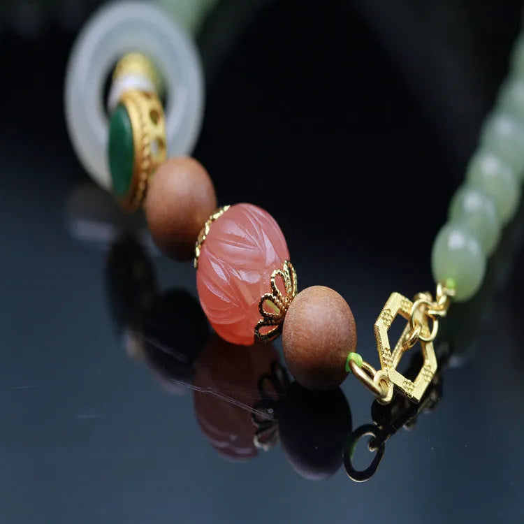 Hetian jade and red lotus bead necklace with matching bracelet set