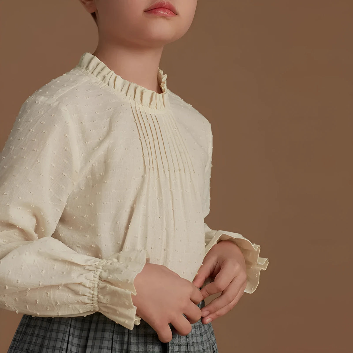 Girls cotton long sleeve polka dot top with lace trim, light apricot colour, spring clothing