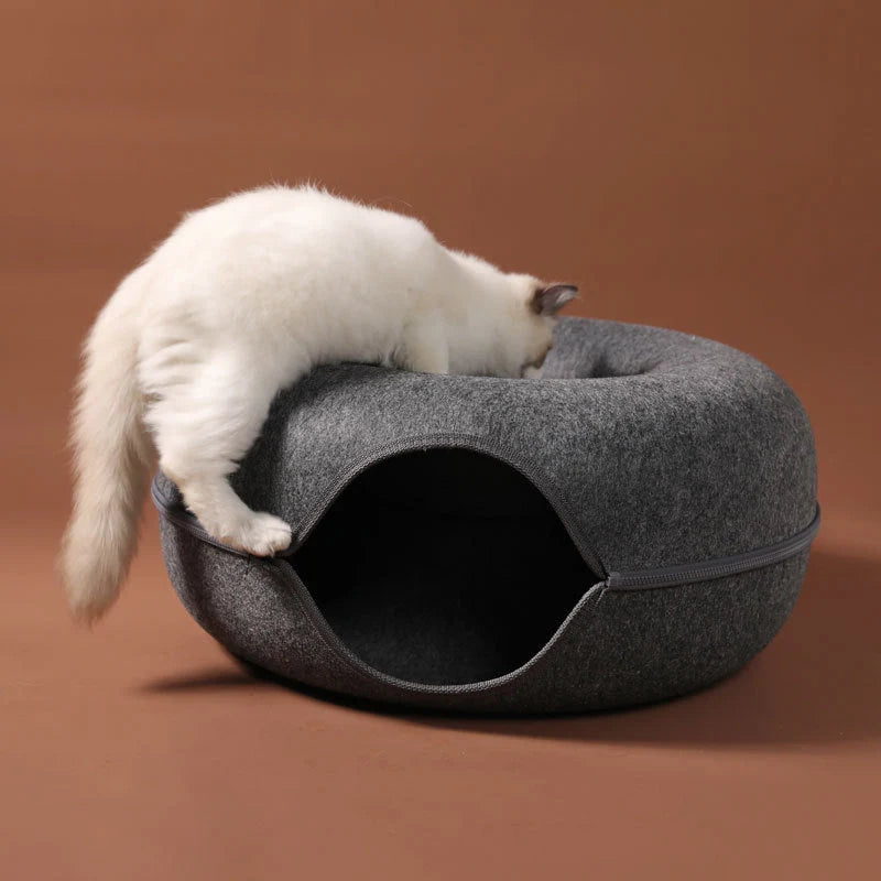 Round woolen felt cat nest with tunnel for interactive play, available in multiple colors and sizes