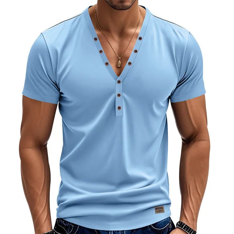 Men's loose thin V-neck button design sports top in chemical fibre blend fabric