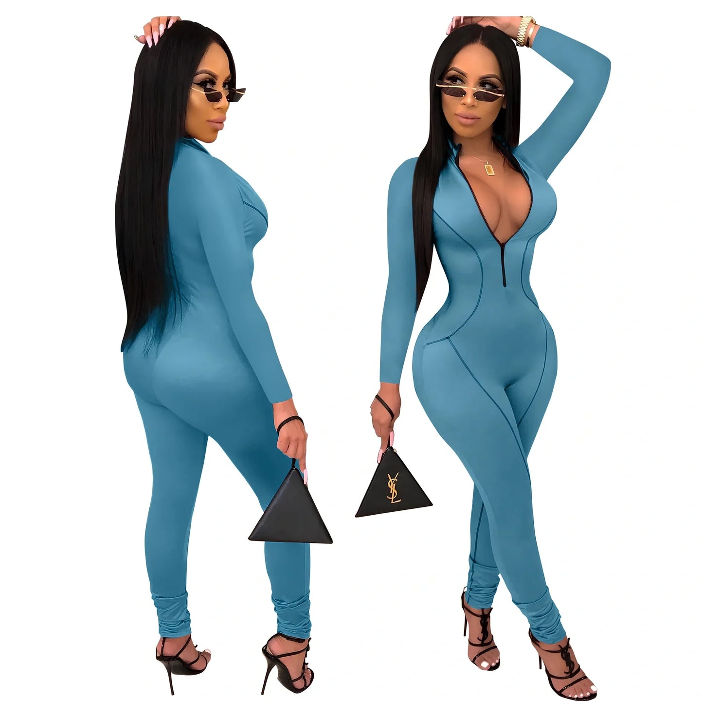 Side-striped jumpsuit in blue with Asian sizing, stripes for leg lengthening, sizes S-2XL