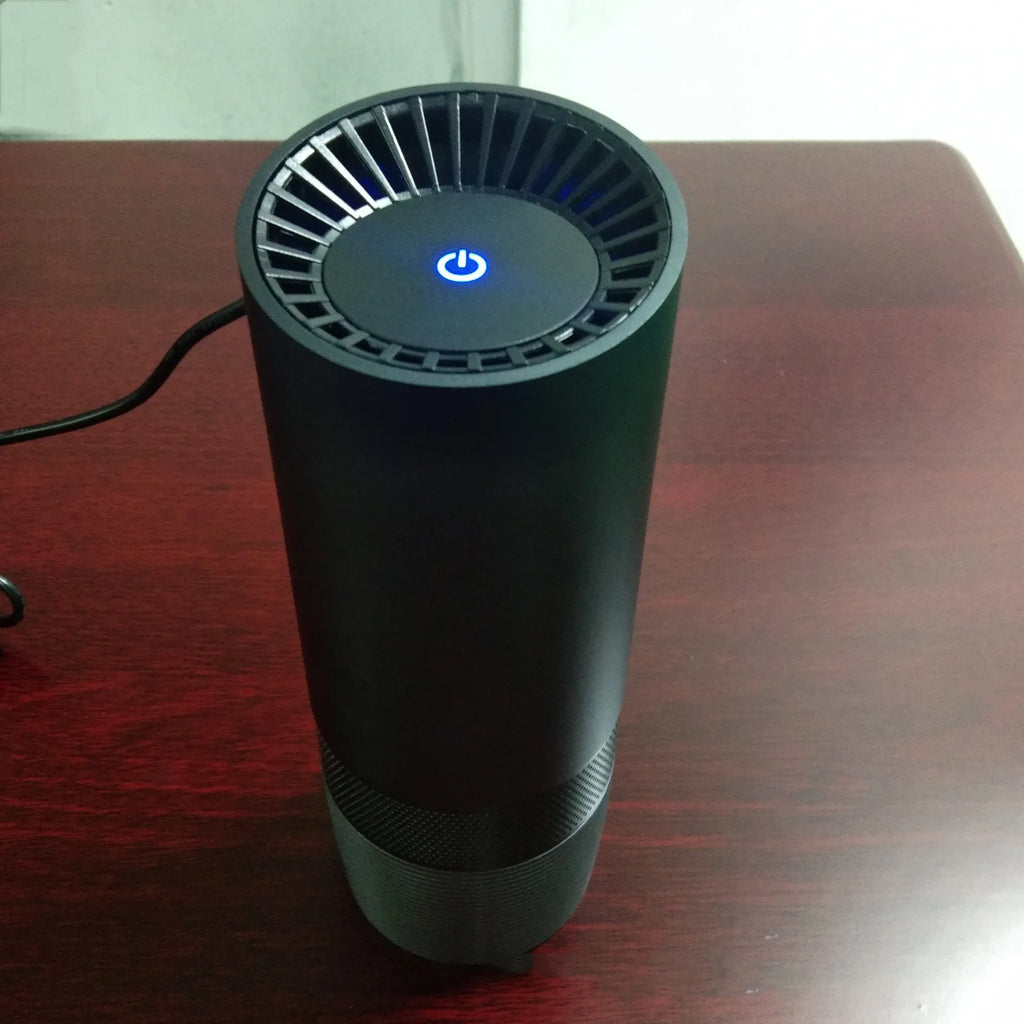 Black aluminium alloy car air purifier with push button controls