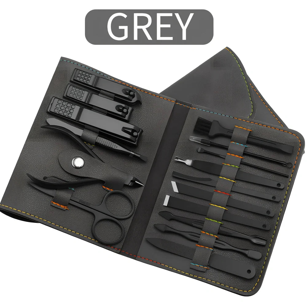 16-piece stainless steel manicure pedicure grooming kit in brown PU leather case with nail clippers and tools