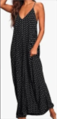 Poetsky Women's Casual Strappy V-Neck Maxi Dress with side pockets in pure black, speckled black, and purple pink