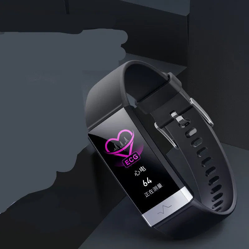 V19 smart bracelet with health monitoring display showing ECG, PPG and SpO2 metrics