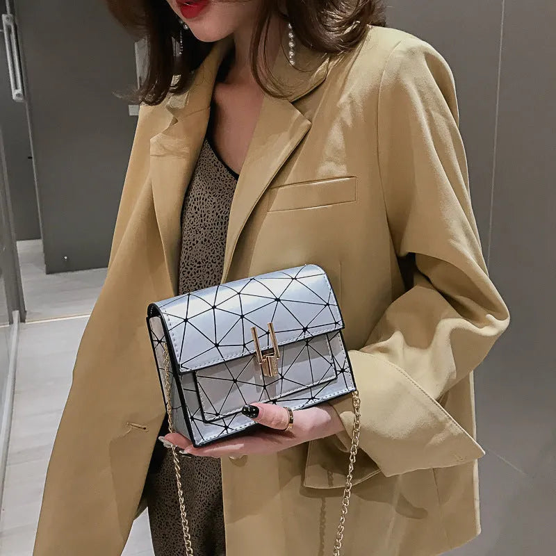 Geometric rhombic square PU cross body bag with chain handle, available in light grey
