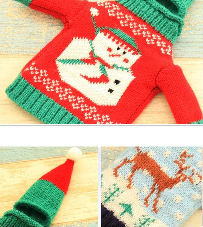 Knitted Christmas Bottle Set with festive designs including Joy, Christmas tree, elk, and snowman