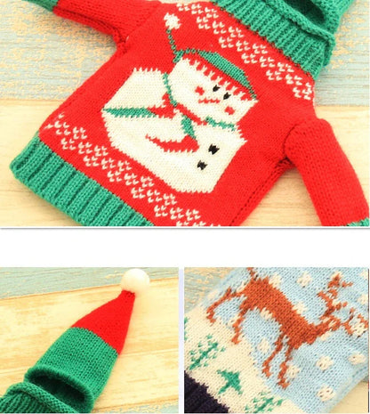 Knitted Christmas Bottle Set with festive designs including Joy, Christmas tree, elk, and snowman
