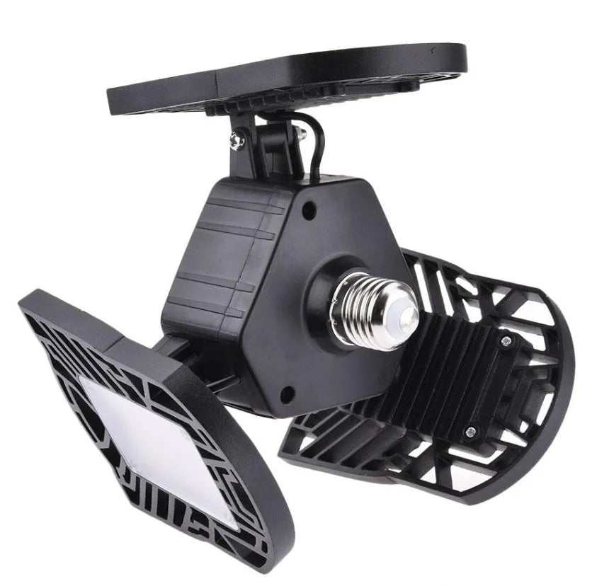 60W deformable LED garage light with three adjustable aluminium alloy heads on a white background
