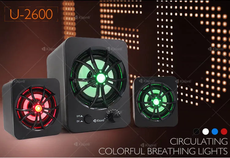 Green USB 2.1 computer speaker with colourful LED glow lights and a 150 cm connection cable.