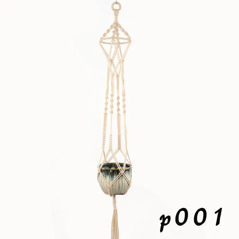 Natural jute cotton rope woven macramé plant hanger in a layered design for wall or ceiling hanging.