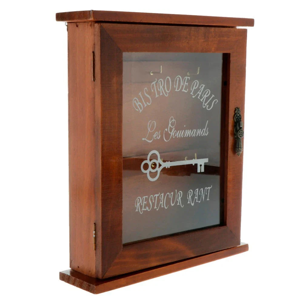 Rustic wooden key holder cabinet with six storage hooks, ideal for organizing keys and other small items in a Kiwi home