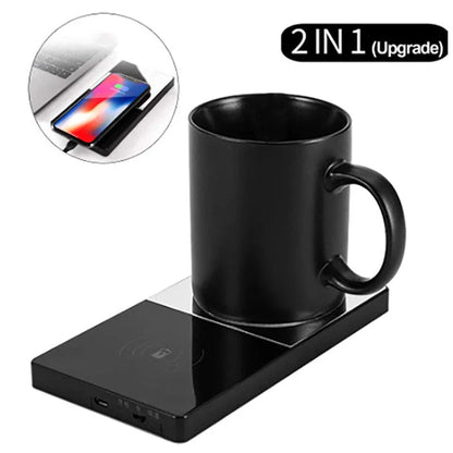 Wireless mug warmer and charger with stainless steel and polycarbonate construction, keeps drinks hot and charges phones