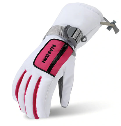 Black ski gloves with diamond-shaped anti-slip palm material for grip and durability, sizes S to XL available