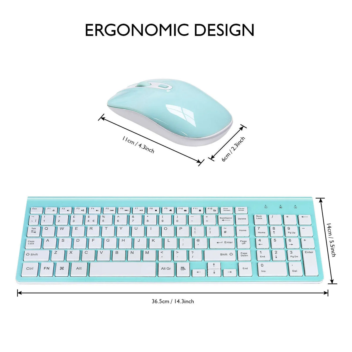 Fashion wireless keyboard and mouse set in blue, full-size layout with numeric keypad and 2.4G nano receiver