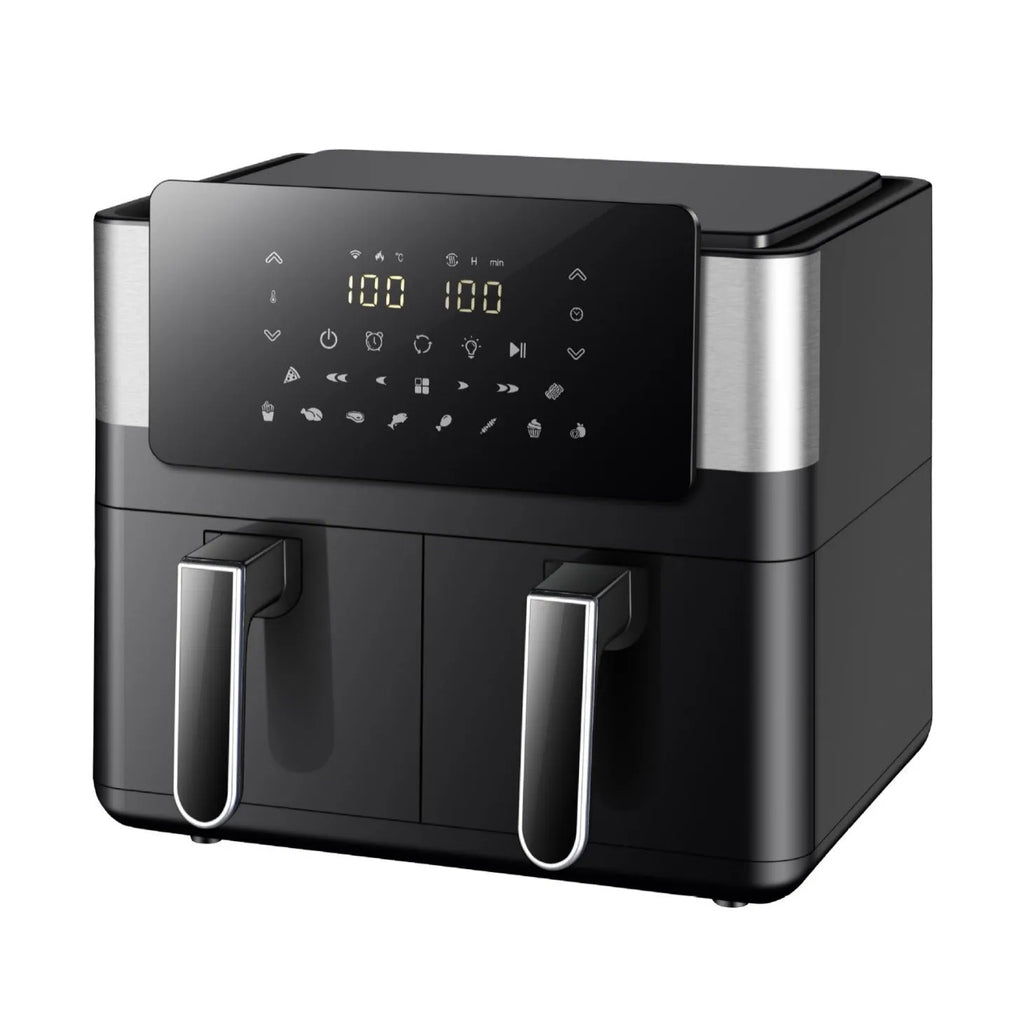 8L stainless steel dual pot air fryer with touch screen and visual window on a kitchen counter