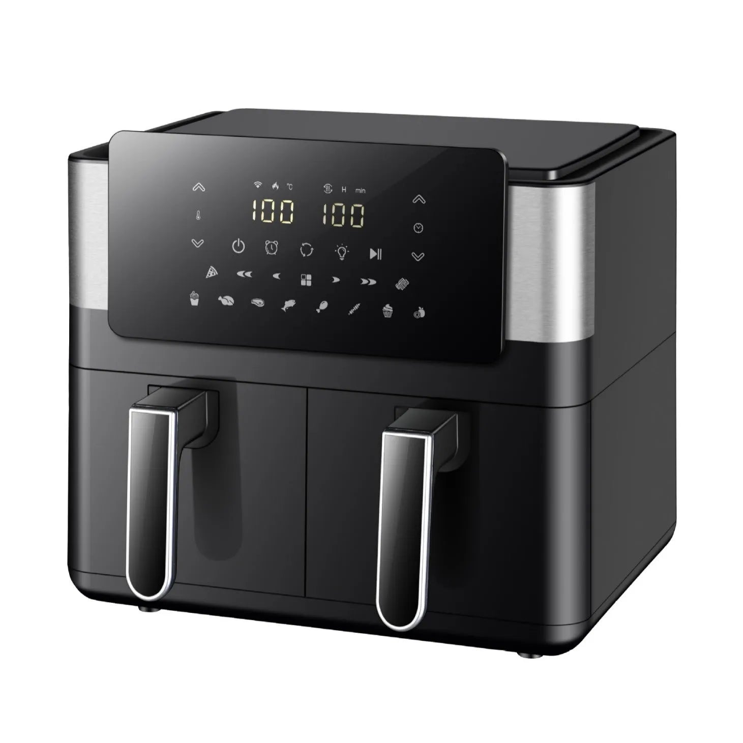 8L stainless steel dual pot air fryer with touch screen and visual window on a kitchen counter