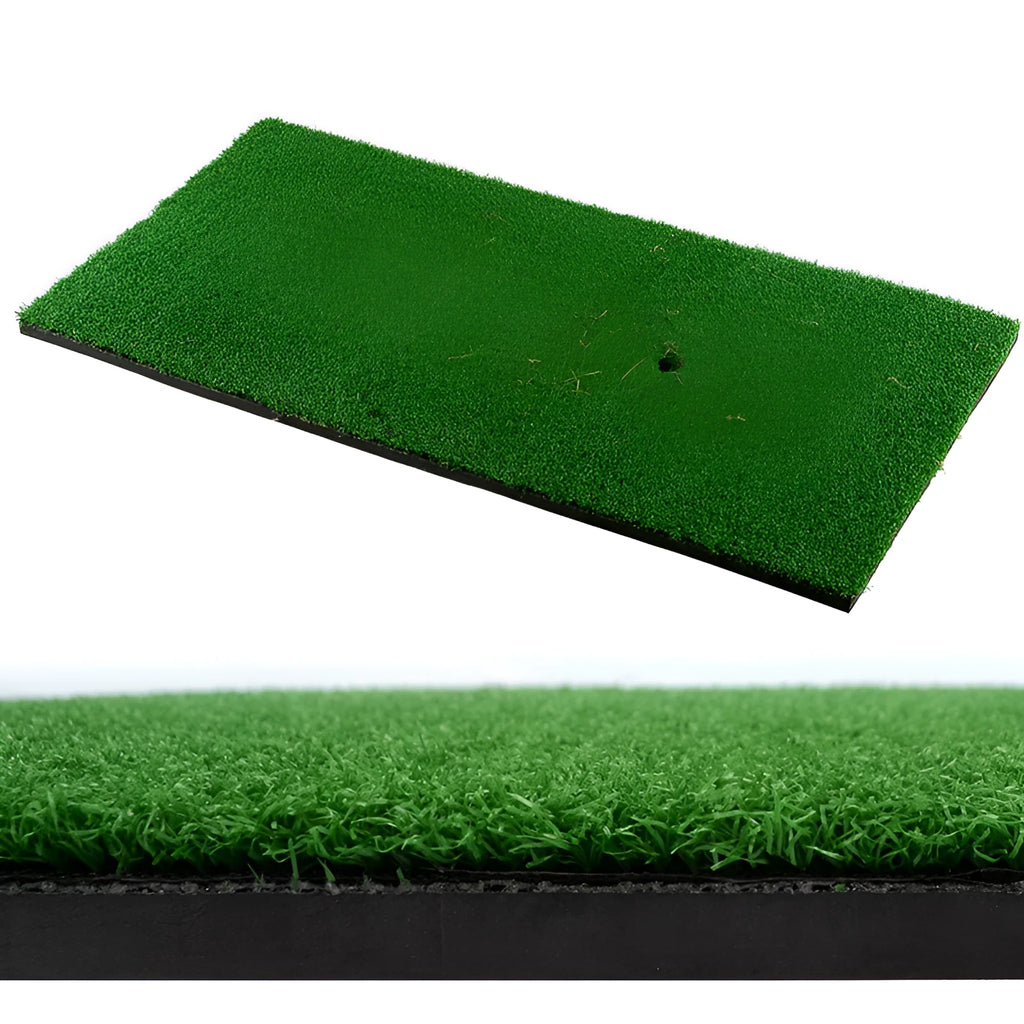 Green rubber and nylon golf swing practice mat 60x30cm 15mm thick on grass