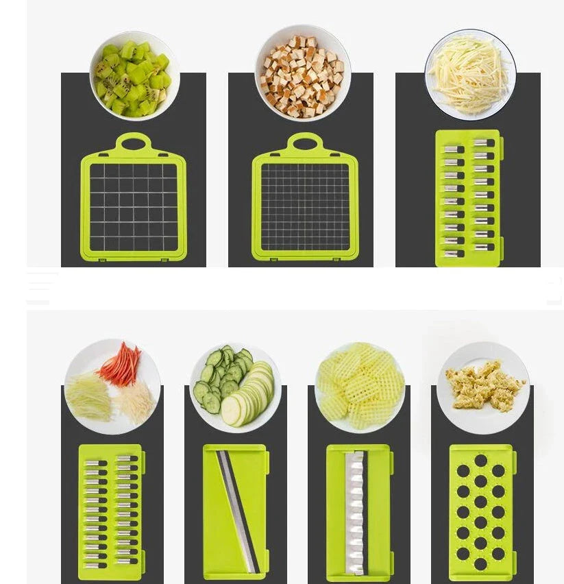 Versatile vegetable slicer with interchangeable blades for slicing, dicing, and shredding a variety of fruits and vegetables