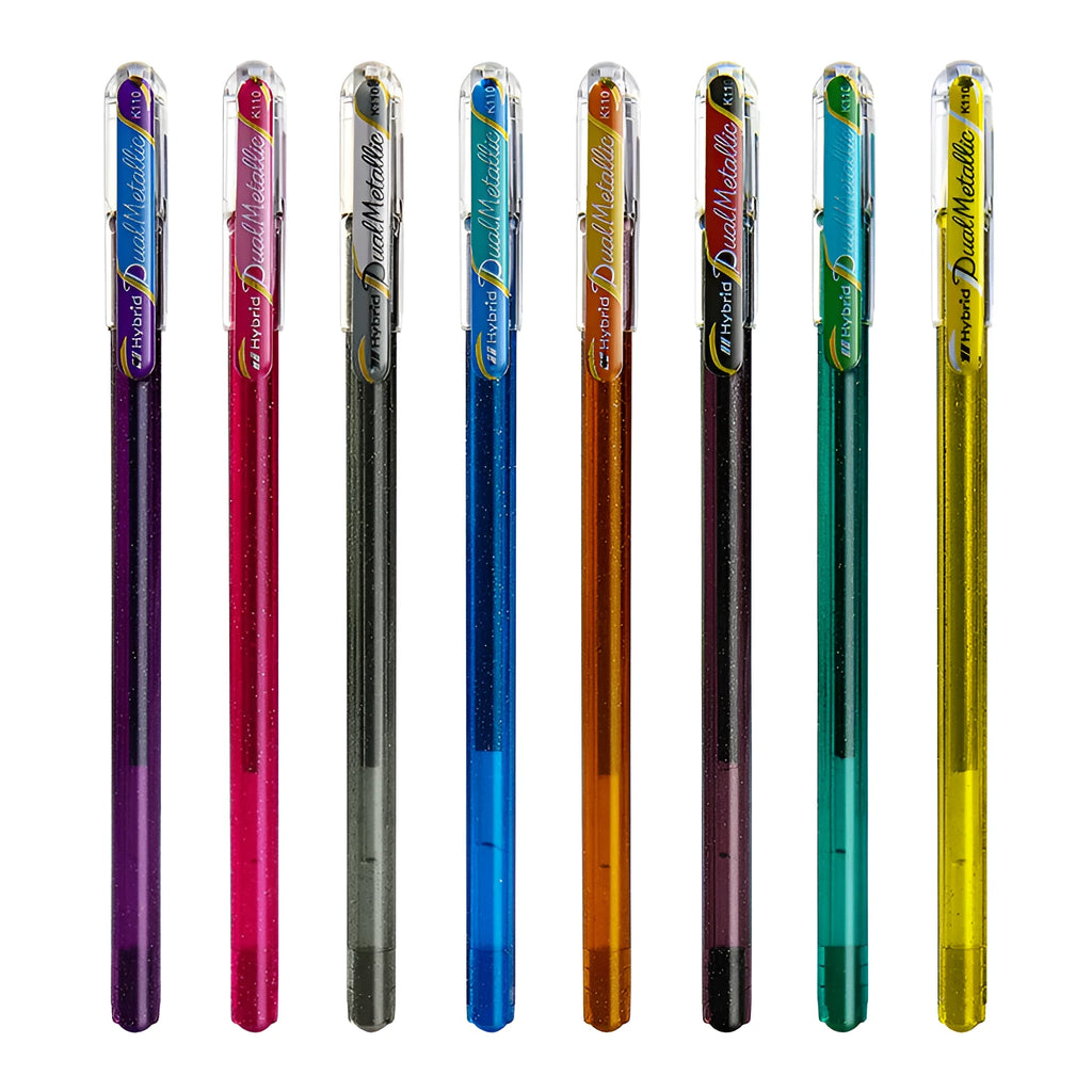 K110 pearlescent glitter 1.0mm gel pen in eight colour options showing black, blue, green, orange, pink, purple, silver, and yellow variations