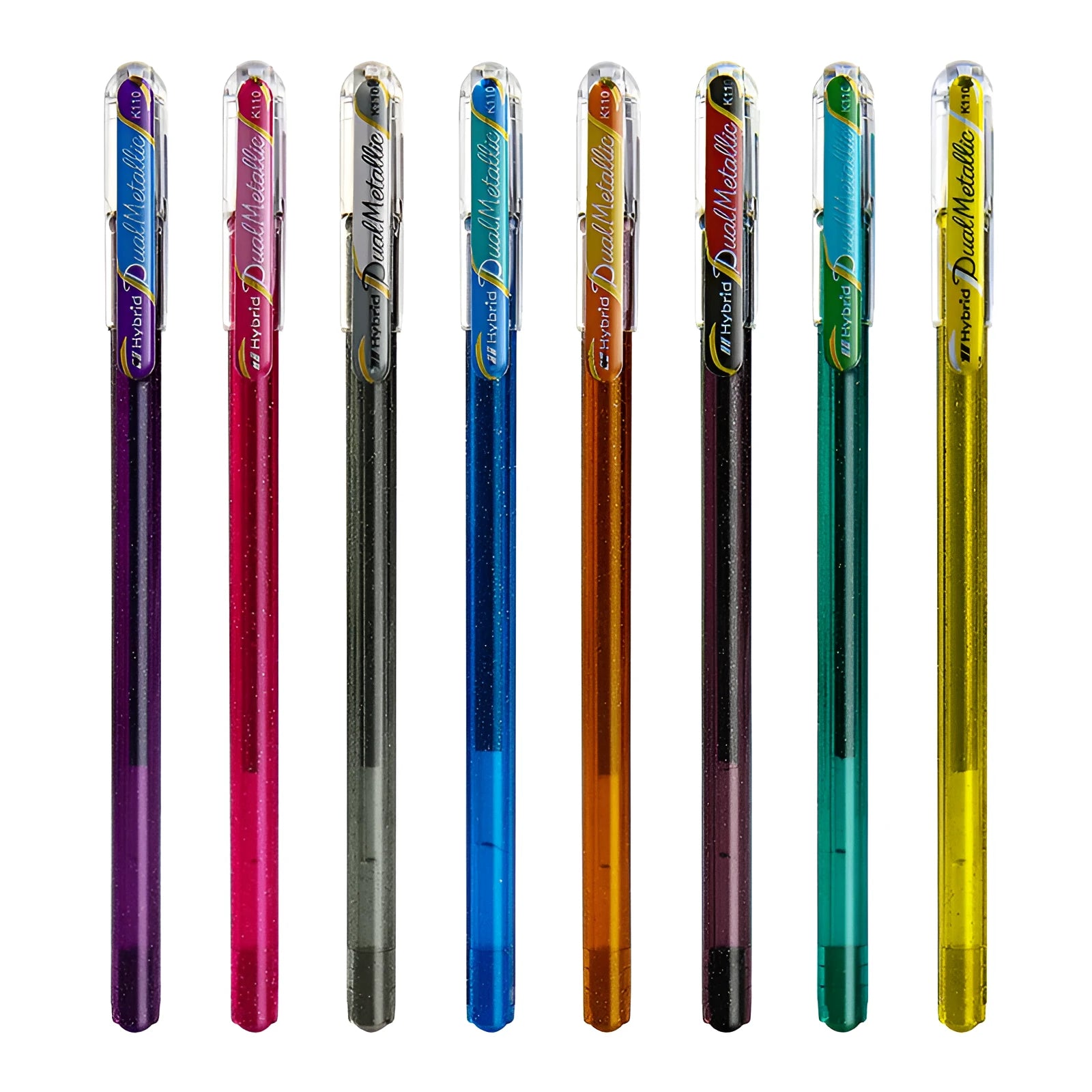 K110 pearlescent glitter 1.0mm gel pen in eight colour options showing black, blue, green, orange, pink, purple, silver, and yellow variations