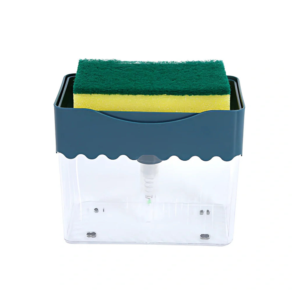Dark blue 2-in-1 soap dispenser and sponge caddy unit on kitchen counter with measuring tape showing 13.5cm diameter