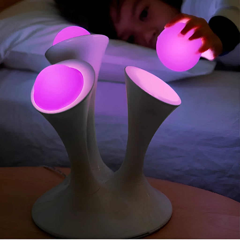 Decorative mushroom lamp with colourful LED gradient glow on bedside table, 21.5cm height