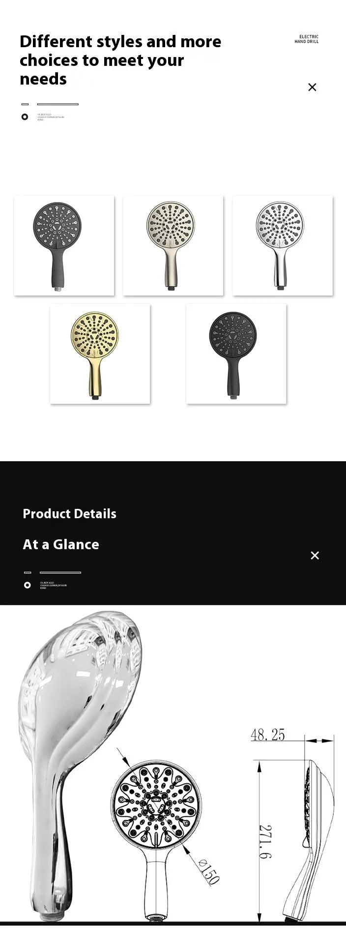 6-inch six-function handheld shower head with electroplated finish showing spray modes