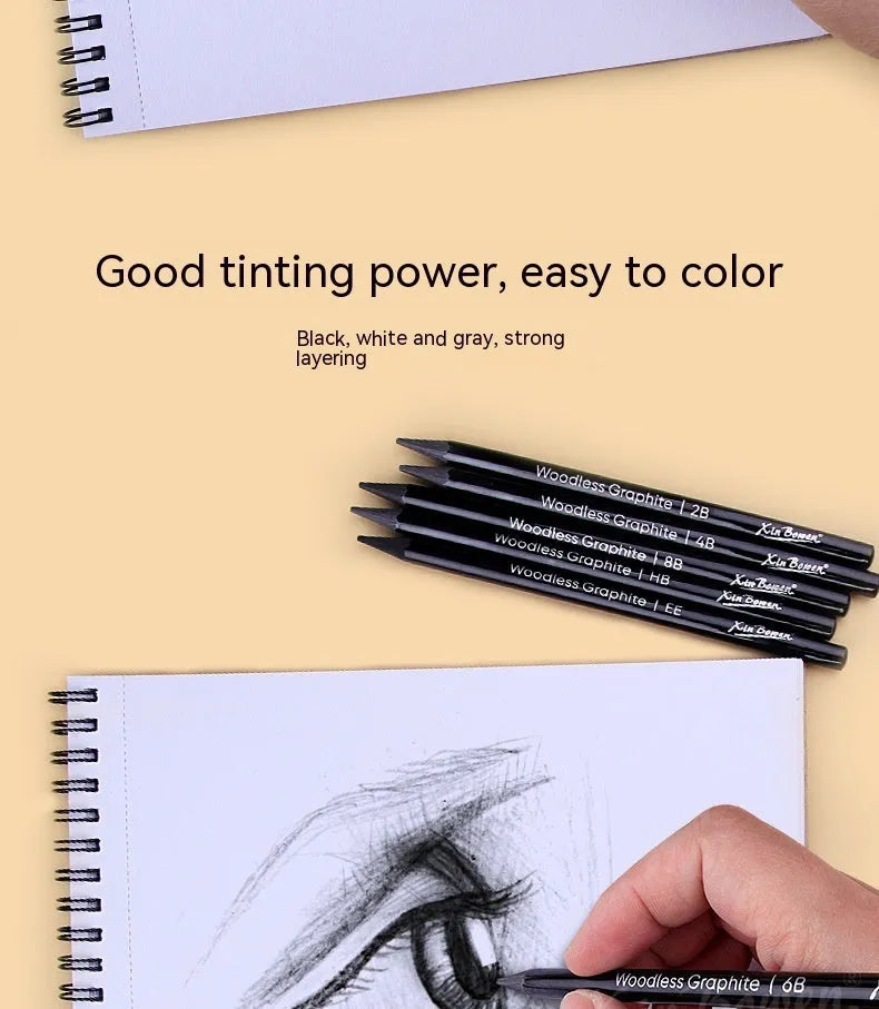 Set of six wood-free graphite art pencils with different grade markings: HB, 2B, 4B, 6B, 8B, and EE.