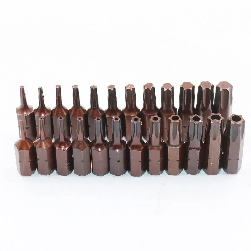 Black steel screwdriver bit set with magnetic tips showing T6 to T40 sizes, hollow and solid hex styles.