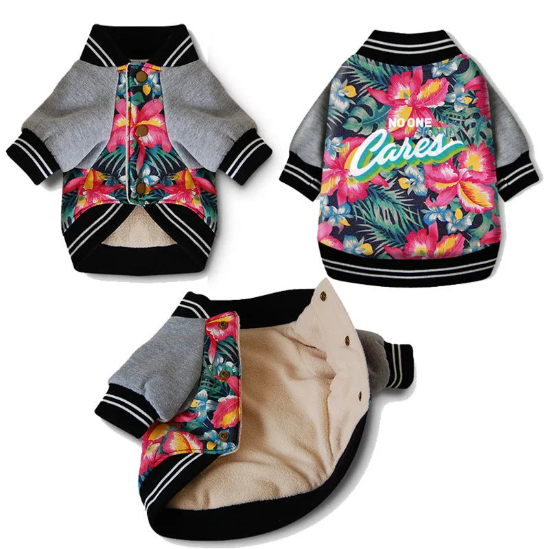 Red stretch printed two-legged dog clothes with cotton outer and fleece lining, shown on a dog